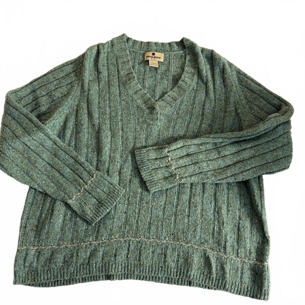 Woolrich Vintage Green Heather V Neck Boho Wool Blend Sweater Wms‎ Sz L